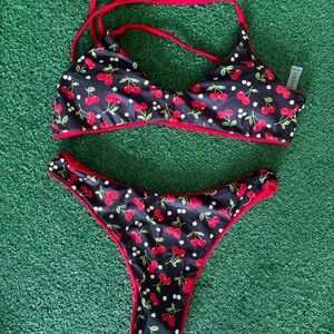Zaful Cherry Print Bikini - Black and Red